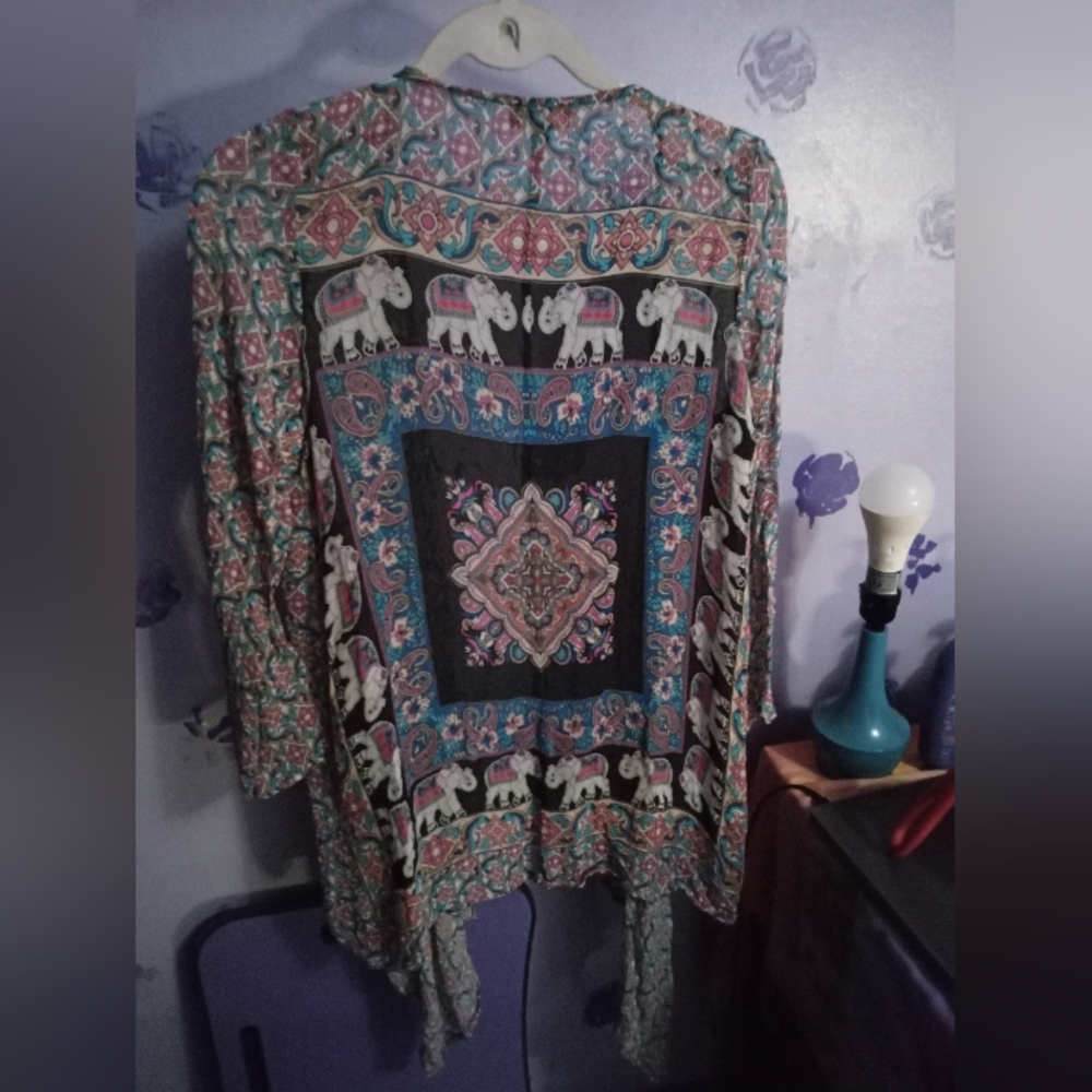 Tolani Teal Pink Patterned Kimono with Elephant Motif - Picture 2 of 7